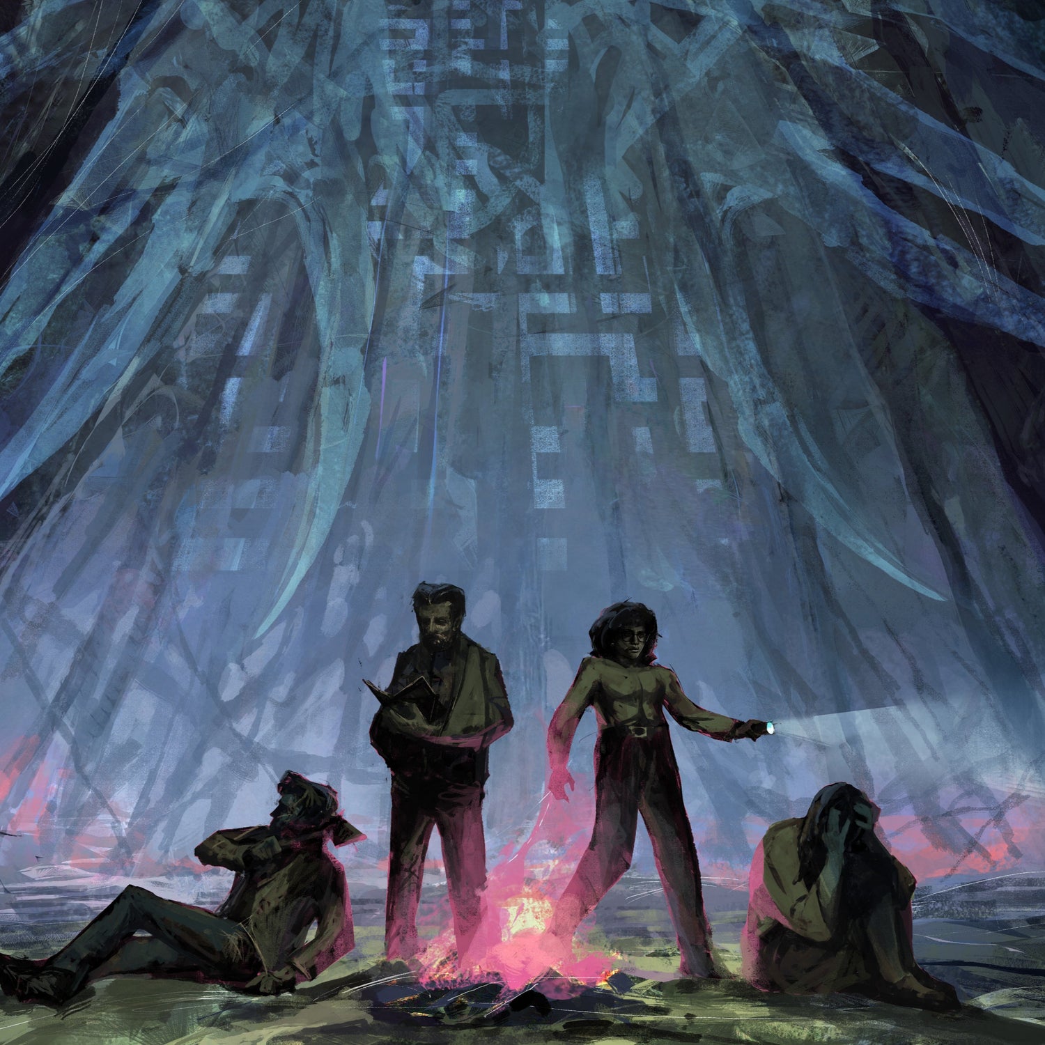 A group of friends around a campfire in a strange forest