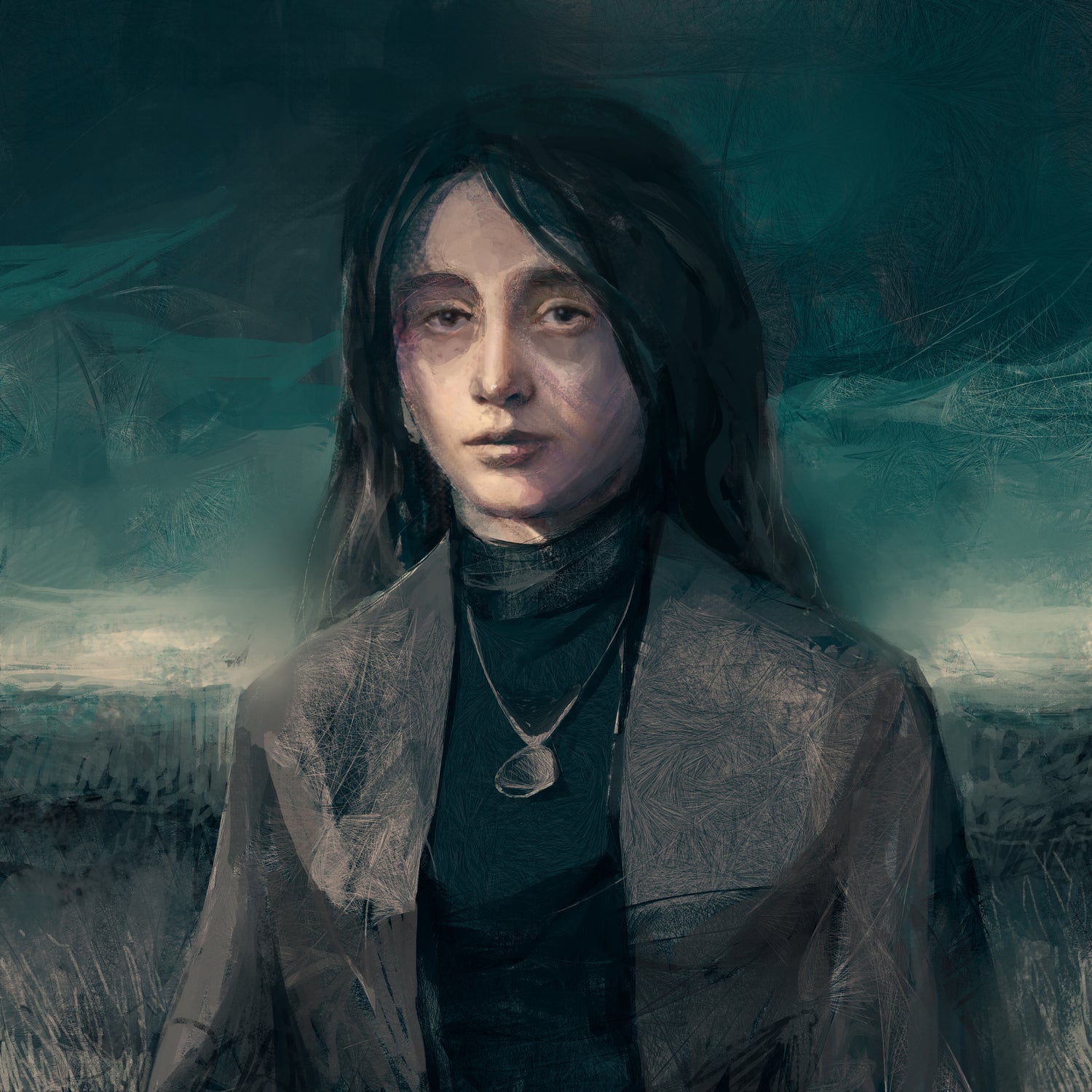 A woman with a necklace standing in a field