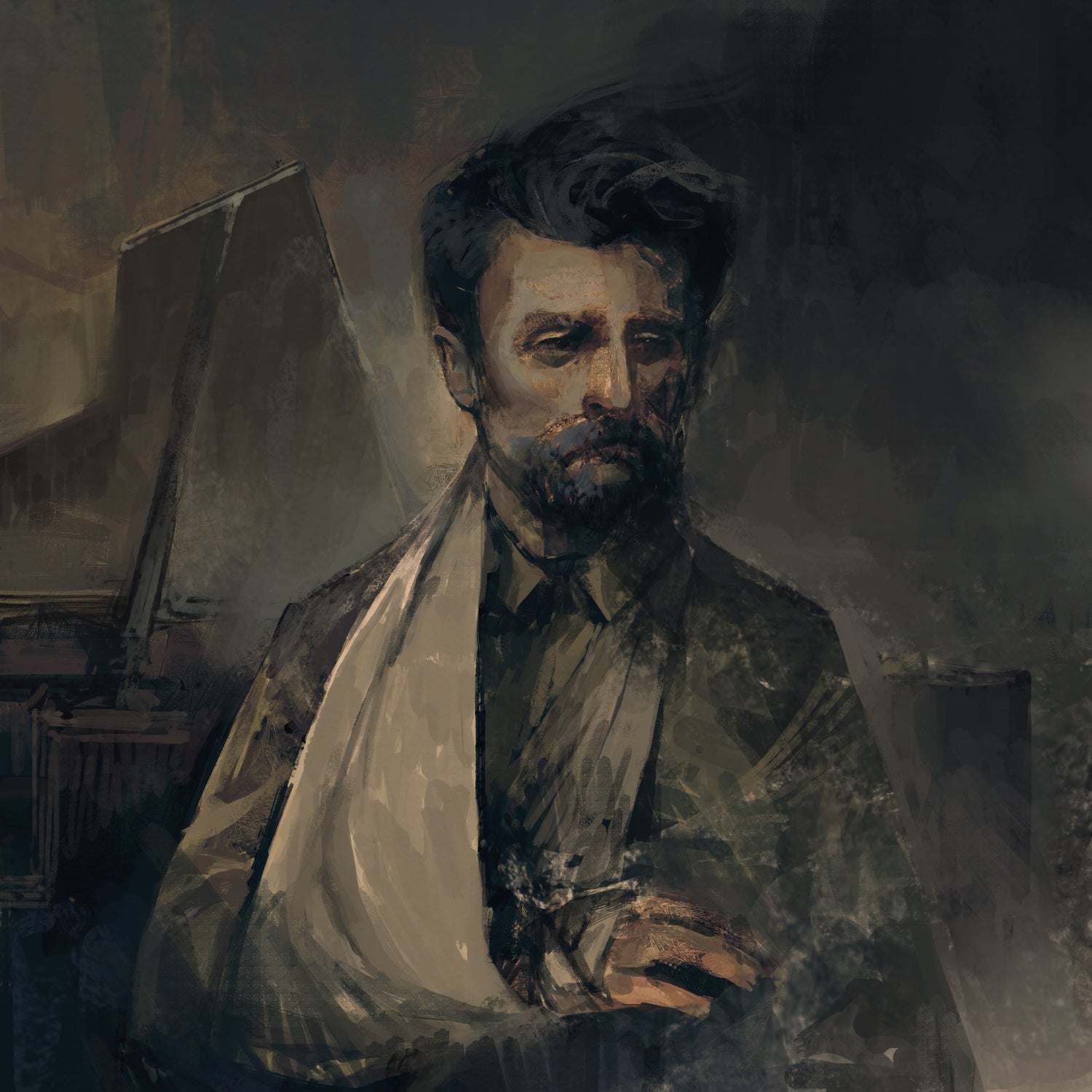 A man with his arm in a sling with a grand piano in the background