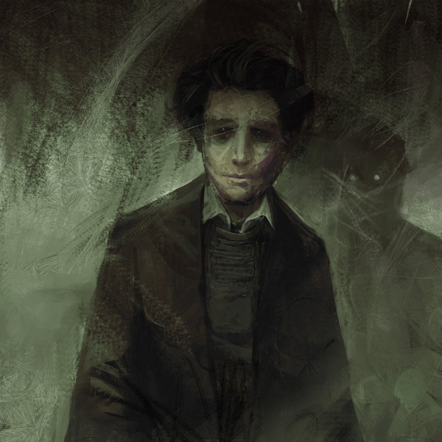 A man looking forward while a shadow of his past looks on behind him