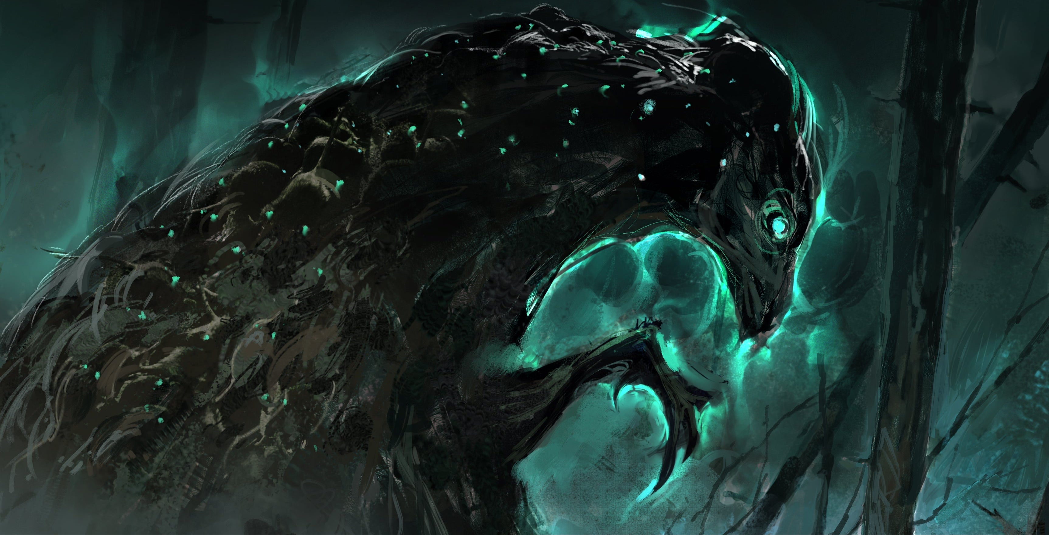 Monster-like creature with glowing green eyes and blue accents in a dark forest setting